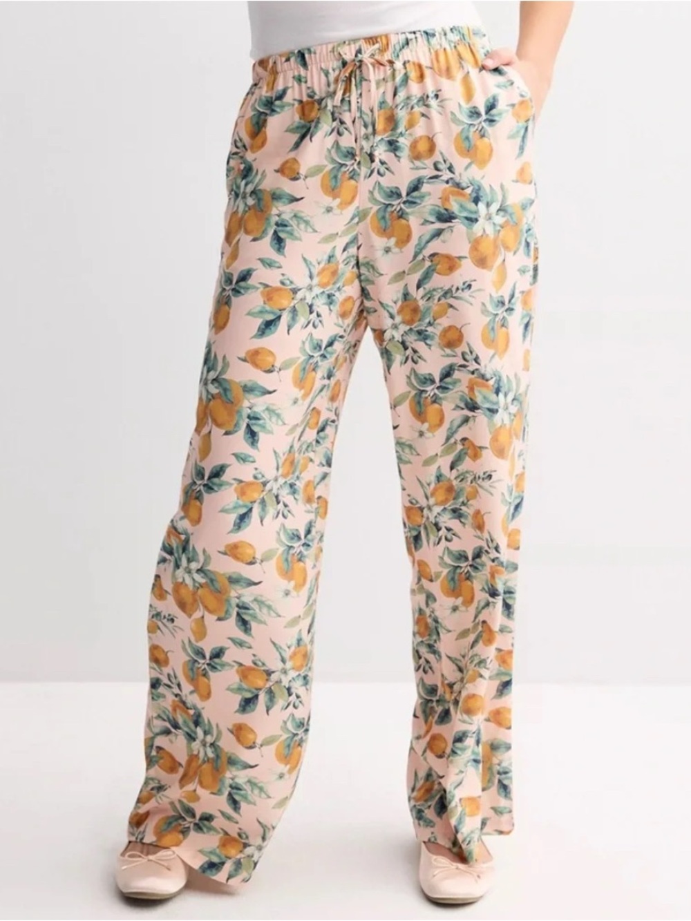 Threads of Luxx Pink Floral Lemons Printed Soft Pull on Pants Small EUC